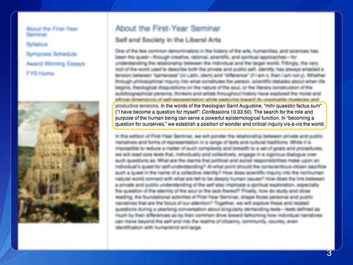 The same First-Year Seminar web page, its text blurred to draw the reader's focus to one passage outlined in yellow.