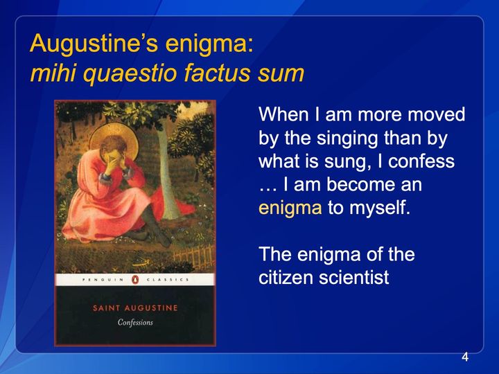 Penguin Classics cover of Saint Augustine's Confessions: a painting of a haloed man in a red robe seated under a tree, head in his hands.