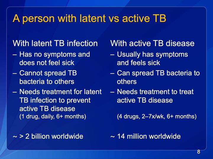 Slide 8: Latent vs active TB; its text follows