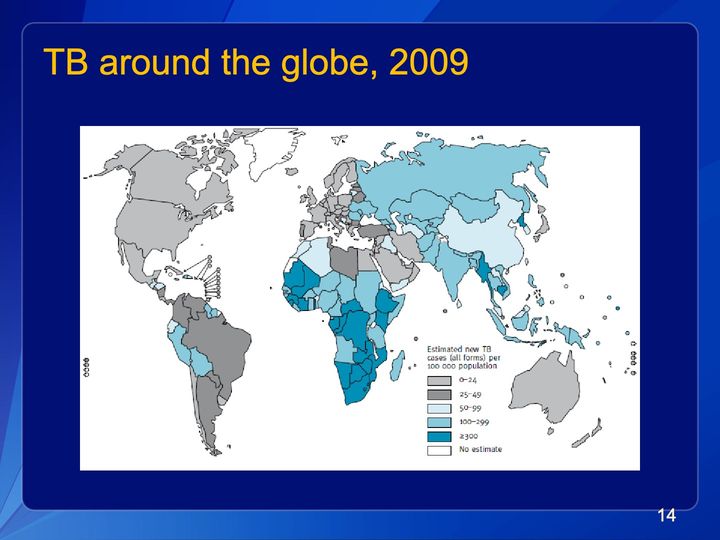World map shading countries by estimated new TB cases per 100,000 population.