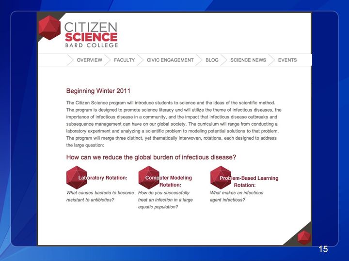 Screenshot of the Bard College Citizen Science web page: a red icosahedron logo, a navigation bar, a program description and 3 rotations.