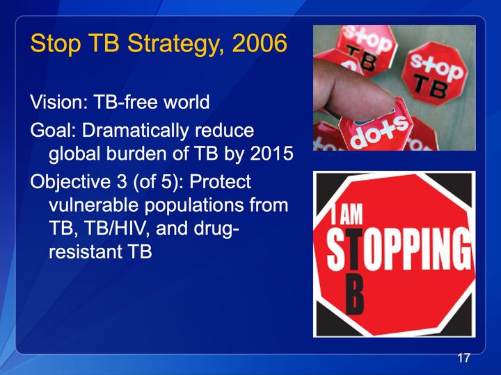Red octagonal Stop TB and DOTS pins, and a red stop-sign graphic: "I AM STOPPING TB".