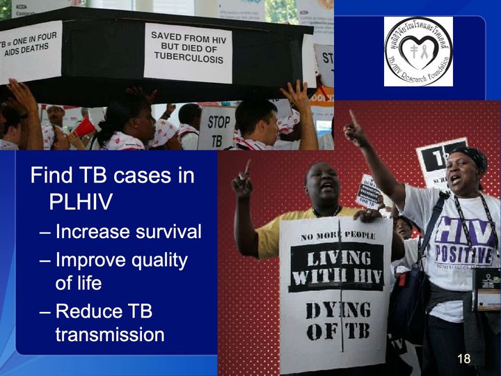Photos: marchers carrying a black coffin with signs and 2 people at a rally ("NO MORE PEOPLE LIVING WITH HIV DYING OF TB"), plus a TB/HIV Research Foundation logo.
