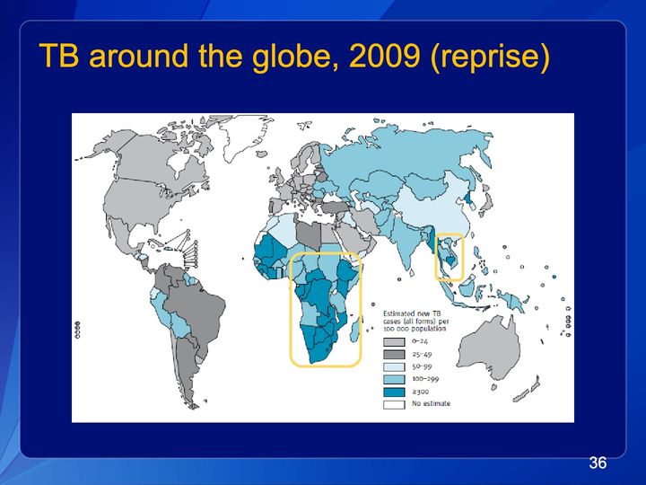 World map shading countries by estimated new TB cases per 100,000 population, with 2 yellow rounded boxes around parts of Africa and Southeast Asia