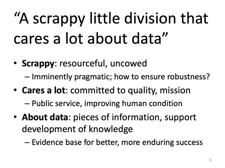 Slide 3: “A scrappy little division that cares a lot about data”; its text follows
