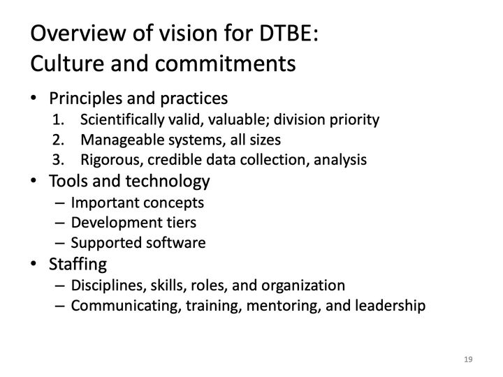 Slide 19: Overview of vision for DTBE: Culture and commitments; its text follows