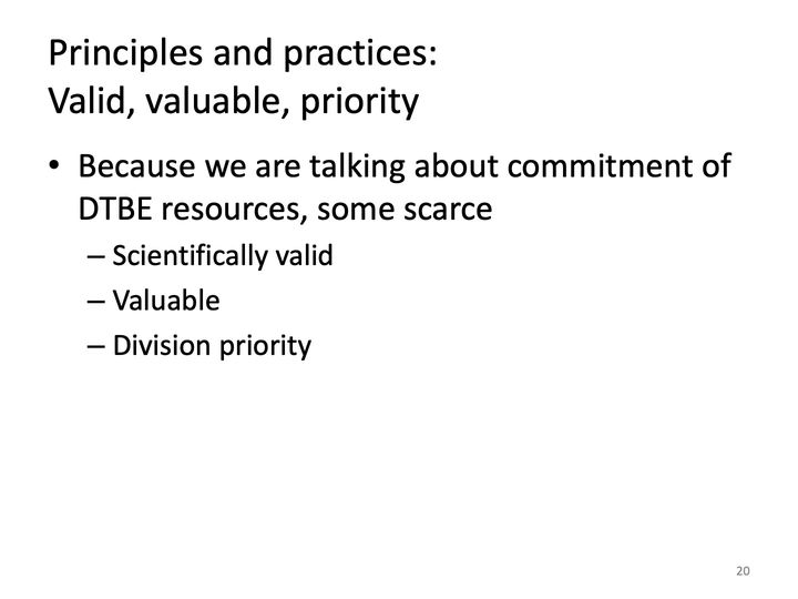 Slide 20: Principles and practices: Valid, valuable, priority; its text follows