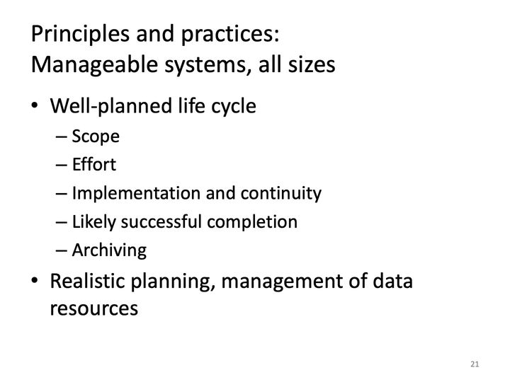 Slide 21: Principles and practices: Manageable systems, all sizes; its text follows