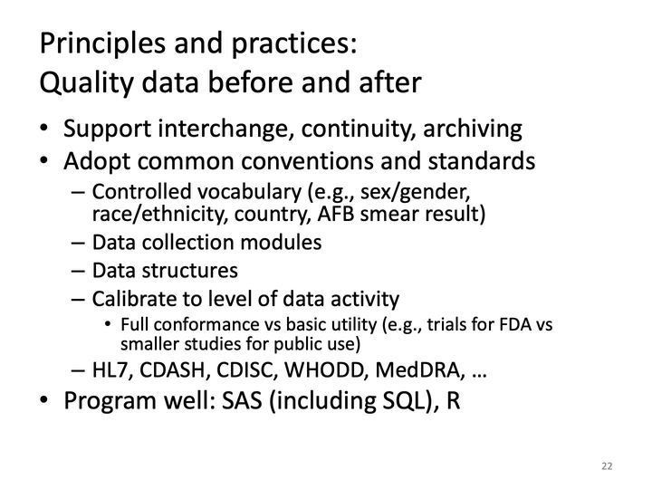Slide 22: Principles and practices: Quality data before and after; its text follows