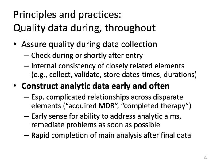 Slide 23: Principles and practices: Quality data during, throughout; its text follows