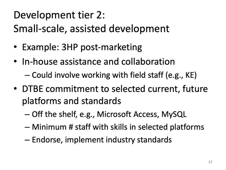 Slide 27: Development tier 2: Small-scale, assisted development; its text follows