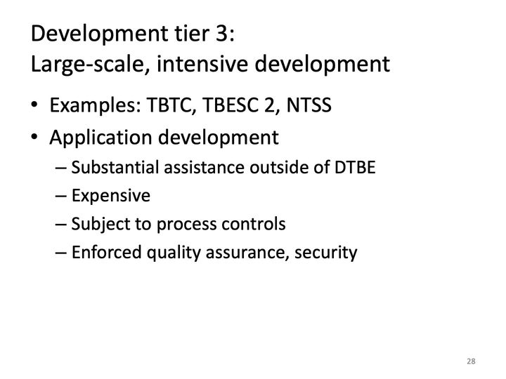 Slide 28: Development tier 3: Large-scale, intensive development; its text follows