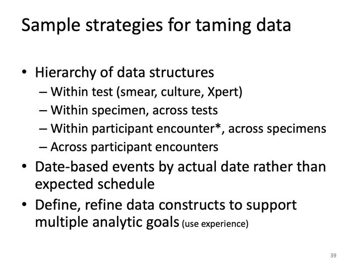 Slide 39: Sample strategies for taming data; its text follows